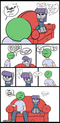 Size: 900x1839 | Tagged: safe, artist:shoutingisfun, imported from derpibooru, boulder (pet), maud pie, oc, oc:anon, earth pony, human, pony, anon's couch, boulder (g4), clothes, comic, couch, cute, dialogue, dress, eyeshadow, female, food, friday night, makeup, male, mare, maudabetes, open mouth, pants, pizza, pun, shirt, simple background, sitting, slice of life, speech bubble, vulgar, white background