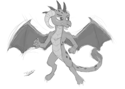 Size: 2400x1700 | Tagged: safe, artist:hypno, imported from derpibooru, princess ember, dragon, angry, female, flying, grayscale, monochrome, sketch, solo