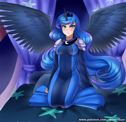 Size: 1000x971 | Tagged: safe, artist:racoonsan, imported from derpibooru, princess luna, human, bed, bedroom, breasts, clothes, cute, dress, female, horned humanization, humanized, kneeling, looking at you, solo, spread wings, tsundere, winged humanization, wings