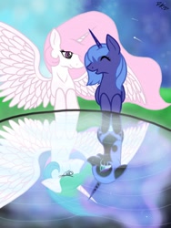 Size: 768x1024 | Tagged: safe, artist:xminixtissuesx57, imported from derpibooru, nightmare moon, princess celestia, princess luna, hug, prone, reflection, s1 luna, water, winghug