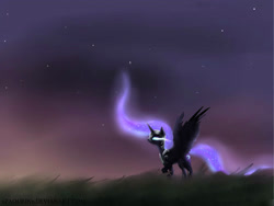 Size: 1024x768 | Tagged: safe, artist:xpaourinx, imported from derpibooru, nightmare moon, female, glowing eyes, solo, spread wings, stars, twilight (astronomy)