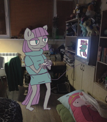 Size: 2442x2787 | Tagged: safe, artist:grinwild, imported from derpibooru, maud pie, anthro, female, irl, photo, ponies in real life, room, solo, television