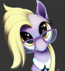 Size: 1095x1200 | Tagged: safe, artist:graboiidz, imported from derpibooru, grace manewitz, pony, bust, female, glasses, gray background, looking at you, looking up, looking up at you, mare, portrait, puppy dog eyes, simple background, smiling, solo