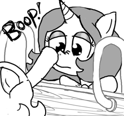 Size: 640x600 | Tagged: safe, artist:ficficponyfic, imported from derpibooru, oc, oc only, oc:emerald jewel, oc:joyride, colt quest, boop, confused, cyoa, frown, ladder, metal, monochrome, outpost, story included, wood