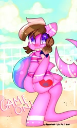 Size: 692x1154 | Tagged: safe, artist:bunxl, imported from derpibooru, oc, oc only, oc:ashee, original species, shark pony, beach, beach ball, bikini, clothes, solo, swimsuit