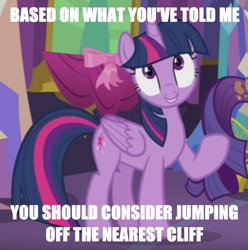 Size: 606x610 | Tagged: safe, edit, edited screencap, imported from derpibooru, screencap, twilight sparkle, alicorn, pony, bad advice, base jumping, caption, good advice, image macro, meme, twilight sparkle (alicorn)