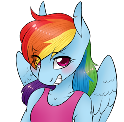 Size: 1280x1253 | Tagged: safe, artist:bubbleburst, imported from derpibooru, rainbow dash, anthro, blushing, clothes, female, looking at you, simple background, solo, tanktop