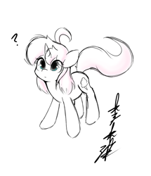 Size: 1011x1177 | Tagged: safe, artist:lightningnickel, imported from derpibooru, oc, oc only, oc:cotton candy, pony, unicorn, female, mare, monochrome, neo noir, partial color, question mark, signature, simple background, solo