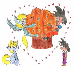 Size: 963x829 | Tagged: safe, artist:goremistress, imported from derpibooru, derpy hooves, dinky hooves, pegasus, pony, crossover, dragon ball, dragon ball z, dragonball z abridged, female, food, gohan, goku, mare, muffin, son gohan, son goku