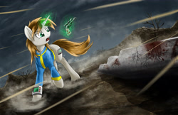 Size: 5100x3300 | Tagged: safe, artist:spiritofthwwolf, imported from derpibooru, oc, oc only, oc:littlepip, pony, unicorn, fallout equestria, clothes, fanfic, fanfic art, female, glowing horn, gun, handgun, horn, jumpsuit, little macintosh, magic, mare, pipbuck, revolver, solo, telekinesis, vault suit, wasteland, weapon