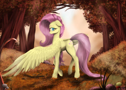 Size: 2634x1891 | Tagged: safe, artist:vinicius040598, imported from derpibooru, fluttershy, autumn, female, forest, profile, solo, spread wings