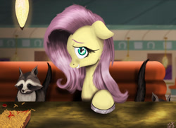 Size: 3290x2381 | Tagged: safe, artist:vinicius040598, imported from derpibooru, fluttershy, raccoon, the saddle row review, diner, food, french fries, hay fries, horseshoes, scene interpretation, sheepish grin