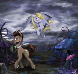 Size: 3323x3159 | Tagged: safe, artist:vinicius040598, imported from derpibooru, derpy hooves, doctor whooves, time turner, earth pony, pegasus, pony, duo, female, flying, giant mushroom, male, mare, mushroom, stallion