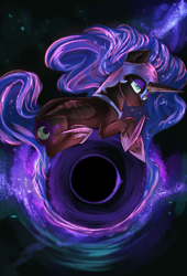 Size: 1900x2800 | Tagged: safe, artist:segraece, imported from derpibooru, part of a set, nightmare moon, accretion disk, black hole, female, galaxy, solo, space, tangible heavenly object