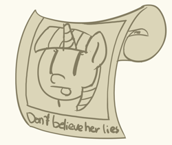 Size: 1280x1085 | Tagged: safe, artist:pabbley, imported from derpibooru, twilight sparkle, pony, :p, don't believe her lies, drawing, exploitable meme, female, lies, mare, meme, memento, monochrome, scroll, simple background, sketch, solo, tongue out, white background