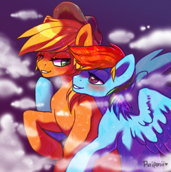 Size: 772x774 | Tagged: safe, artist:puriponii, imported from derpibooru, applejack, rainbow dash, appledash, bedroom eyes, blushing, female, lesbian, shipping