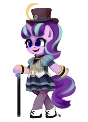 Size: 540x751 | Tagged: safe, artist:pabbley, artist:ptg, imported from derpibooru, starlight glimmer, pony, bipedal, cane, clothes, collaboration, female, hat, open mouth, shoes, smiling, solo, stockings, top hat