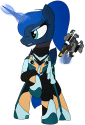 Size: 1360x2000 | Tagged: safe, artist:vinaramic, imported from derpibooru, princess luna, alicorn, pony, clothes, crossover, dead space, female, magic, mare, plasma cutter, raised hoof, simple background, solo, suit, transparent background