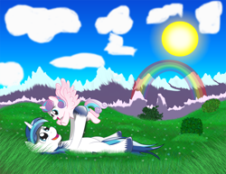 Size: 2750x2125 | Tagged: safe, artist:spellboundcanvas, imported from derpibooru, princess flurry heart, shining armor, absurd file size, baby, diaper, father and daughter, father's day, field, mountain, rainbow, sun