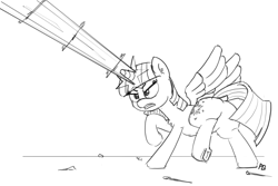 Size: 1280x853 | Tagged: safe, artist:pabbley, imported from derpibooru, twilight sparkle, alicorn, pony, 30 minute art challenge, butt, dock, female, gritted teeth, magic, magic blast, monochrome, plot, sketch, solo, spread wings, twilight sparkle (alicorn), underhoof