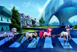 Size: 3200x2158 | Tagged: safe, artist:duh-veed, artist:earthsong9405, artist:php130, imported from derpibooru, limestone pie, marble pie, maud pie, pinkie pie, earth pony, pony, abbey road, collaboration, crosswalk, crystal empire, cute, eyes closed, floppy ears, fluffy, frown, glare, leonine tail, looking back, parody, pronking, raised hoof, reference, reflection, smiling, the beatles, unshorn fetlocks