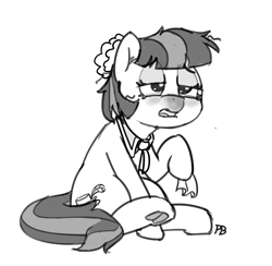 Size: 1280x1250 | Tagged: safe, artist:pabbley, imported from derpibooru, coco pommel, the saddle row review, 30 minute art challenge, female, monochrome, open mouth, sick, sitting, sketch, solo, tissue, underhoof