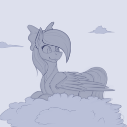 Size: 500x500 | Tagged: safe, artist:twotail813, imported from derpibooru, flitter, cloud, cute, female, fluffy, monochrome, prone, rcf community, smiling, solo