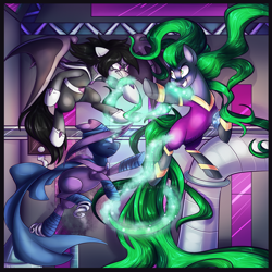 Size: 800x800 | Tagged: safe, artist:bluekazenate, imported from derpibooru, mane-iac, mare do well, sweetie belle, oc, oc:lunar flower, oc:silver star, bat pony, pony, antagonist, bat wings, cape, clothes, electro orb, fight, hero, mask, spring, sweetie do well, violence, warehouse