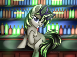 Size: 800x590 | Tagged: safe, artist:arcadianphoenix, imported from derpibooru, oc, oc only, oc:plot frequency, pony, unicorn, bar, sitting, solo, sunglasses, wink