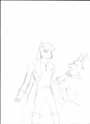 Size: 2550x3507 | Tagged: safe, artist:guywhodoesdraws, imported from derpibooru, anthro, fall of equestria, caribou, crossover, female, mare, monochrome, one punch man, rise of equestria, saitama, traditional art