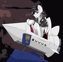 Size: 960x937 | Tagged: safe, artist:cjsclopcorner, imported from derpibooru, oc, oc only, oc:revi stiletto, alternate cutie mark, cccp, clothes, kiddie ride, leather jacket, rocket, solo