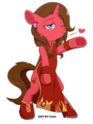 Size: 451x600 | Tagged: safe, artist:sion, imported from derpibooru, oc, oc only, oc:pyhrra, pony, unicorn, bipedal, blowing a kiss, cheongsam, clothes, ear piercing, earring, female, gem, heart, high heel boots, looking at you, mare, one eye closed, piercing, ruby, shoes, solo, taurus, underhoof, wink