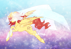 Size: 1280x884 | Tagged: safe, artist:cloud-up, imported from derpibooru, oc, oc only, oc:solweig, pegasus, pony, eyes closed, flying, ribbon, solo, wedding veil