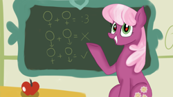 Size: 1280x720 | Tagged: safe, artist:jbond, imported from derpibooru, cheerilee, earth pony, pony, :3, anti-gay, apple, chalkboard, comments locked down, double standard, explaining the fandom, female, female symbol, food, homophobia, hypocrisy, insane troll logic, male symbol, mare, misandry, op is a duck, op is trying to start shit, redeye, school, smiling, solo, style emulation, symbol, tradition, truth, we are going to hell