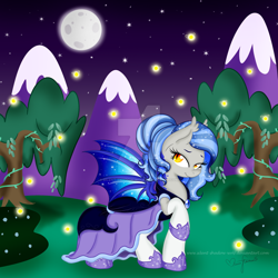 Size: 1024x1024 | Tagged: safe, artist:pvrii, artist:silent-shadow-wolf, imported from derpibooru, oc, oc only, oc:midnight radiance, bat pony, firefly (insect), pony, clothes, dress, female, mare, night, obtrusive watermark, raised hoof, solo, watermark