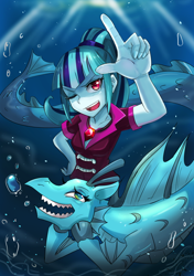 Size: 600x850 | Tagged: safe, artist:tzc, imported from derpibooru, sonata dusk, siren, equestria girls, bubble, crepuscular rays, cute, duo, female, gem, head in hooves, one eye closed, self ponidox, siren gem, underwater, wink