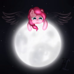 Size: 2248x2248 | Tagged: safe, artist:flufflelord, imported from derpibooru, pinkie pie, alone, crying, cute, female, full moon, moon, on the moon, pink floyd, sad, solo, song reference, space, tangible heavenly object, the dark side of the moon, wings