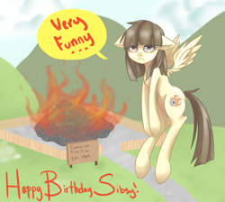 Size: 2471x2214 | Tagged: safe, artist:sorenbrian, imported from derpibooru, wild fire, pegasus, pony, dialogue, female, fire, floppy ears, flying, happy birthday, mare, parody, pun, sibsy, solo, the simpsons, visual pun, wild fire is not amused