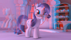 Size: 1280x720 | Tagged: safe, artist:ig-64, imported from derpibooru, rarity, pony, unicorn, 3d, anaglyph 3d, carousel boutique, cg, female, glasses, mannequin, pincushion, ponyquin, render, solo, spool, thread