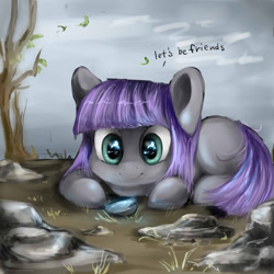 Size: 3000x3000 | Tagged: safe, artist:katemaximova, imported from derpibooru, boulder (pet), maud pie, earth pony, pony, maud pie (episode), blank flank, boulder (g4), cute, daaaaaaaaaaaw, dialogue, female, filly, glow, glowing, happy, hnnng, maudabetes, prone, rock, smiling, solo, weapons-grade cute, when she smiles, younger