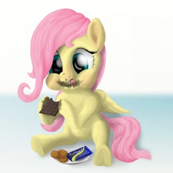 Size: 1000x1000 | Tagged: safe, artist:bluespaceling, imported from derpibooru, fluttershy, pony, candy, chocolate, cookie, eating, female, filly, food, messy eating, sitting, solo