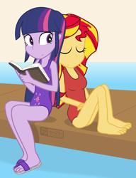 Size: 900x1170 | Tagged: safe, artist:dm29, imported from derpibooru, sunset shimmer, twilight sparkle, equestria girls, barefoot, book, clothes, cute, cutie mark swimsuit, duo, feet, julian yeo is trying to murder us, one-piece swimsuit, purple swimsuit, red swimsuit, sandals, shimmerbetes, swimsuit, twiabetes