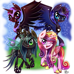 Size: 900x900 | Tagged: dead source, safe, artist:inky-pinkie, imported from derpibooru, nightmare moon, princess cadance, princess luna, queen chrysalis, alicorn, changeling, changeling queen, nymph, pony, cute, cutealis, cutedance, female, happy, heart, heart eyes, looking at you, lunabetes, moonabetes, one eye closed, open mouth, self ponidox, signature, simple background, smiling, smiling at you, transparent background, wingding eyes, wink