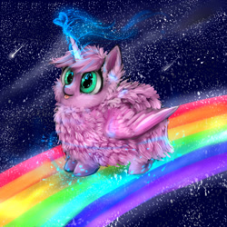 Size: 1024x1024 | Tagged: safe, artist:katemaximova, imported from derpibooru, oc, oc only, oc:fluffle puff, alicorn, original species, pony, :p, alicornified, flufflecorn, heart, magic, pink fluffy unicorns dancing on rainbows, race swap, rainbow, smiling, solo, space, this will end in pbbt, tongue out, xk-class end-of-the-world scenario