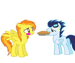 Size: 900x758 | Tagged: safe, artist:megamastermario2009, imported from derpibooru, soarin', spitfire, pony, 1000 years in photoshop, blush sticker, blushing, female, food, male, pie, shipping, soarinfire, straight, wonderbolts