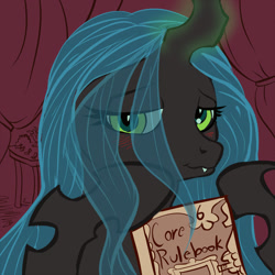 Size: 900x900 | Tagged: dead source, safe, artist:zoomboomerz, imported from derpibooru, queen chrysalis, changeling, changeling queen, bedroom eyes, blushing, book, cute, cutealis, dork, dorkalis, female, glowing horn, hoof hold, hyperspace hyperwars, looking at you, magic, smiling, solo, tabletop game
