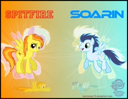 Size: 1017x786 | Tagged: safe, artist:everyman15, imported from derpibooru, soarin', spitfire, pony, flying, gazing, looking at you, wonderbolts