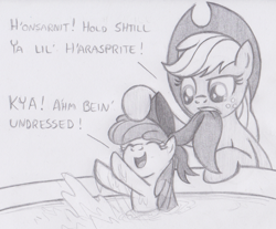 Size: 1137x941 | Tagged: safe, artist:lockerobster, imported from derpibooru, apple bloom, applejack, adorabloom, bath, cute, filly, monochrome, sisters, splashing, undressing