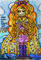 Size: 945x1390 | Tagged: safe, artist:blazingdazzlingdusk, derpibooru exclusive, imported from derpibooru, adagio dazzle, equestria girls, rainbow rocks, clothes, costume, drawing, female, ocean, pose, rock, solo, superhero, traditional art