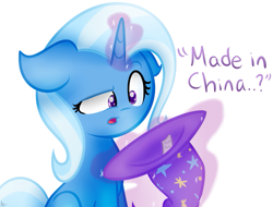 Size: 1025x778 | Tagged: safe, artist:vanillashineart, imported from derpibooru, trixie, pony, unicorn, female, funny, hat, made in china, magic, mare, o.o, raised eyebrow, solo, trixie's hat